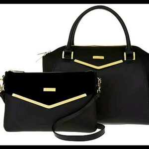 JOY & IMAN | Couture Black Leather Satchel & Clutch Set | Velvet Detail, RFID